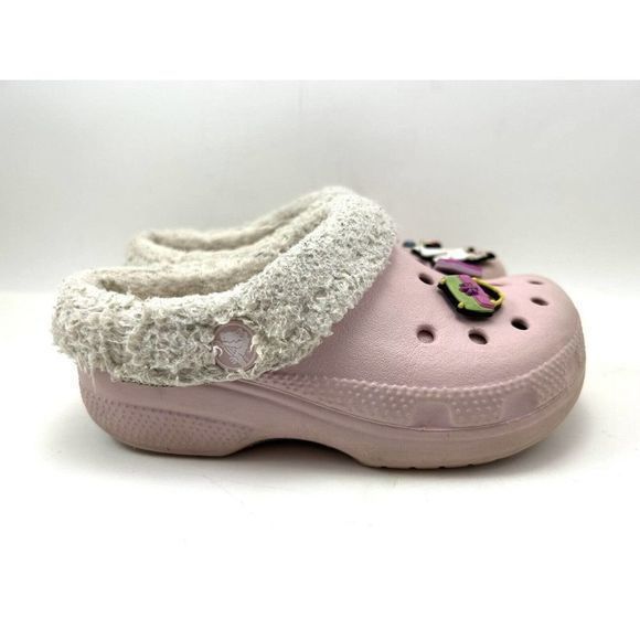 Crocs Classic Kids Pink Fleece Lined Clogs Girls 10/11 5 Jibbitz Disney Star War - Picture 4 of 12